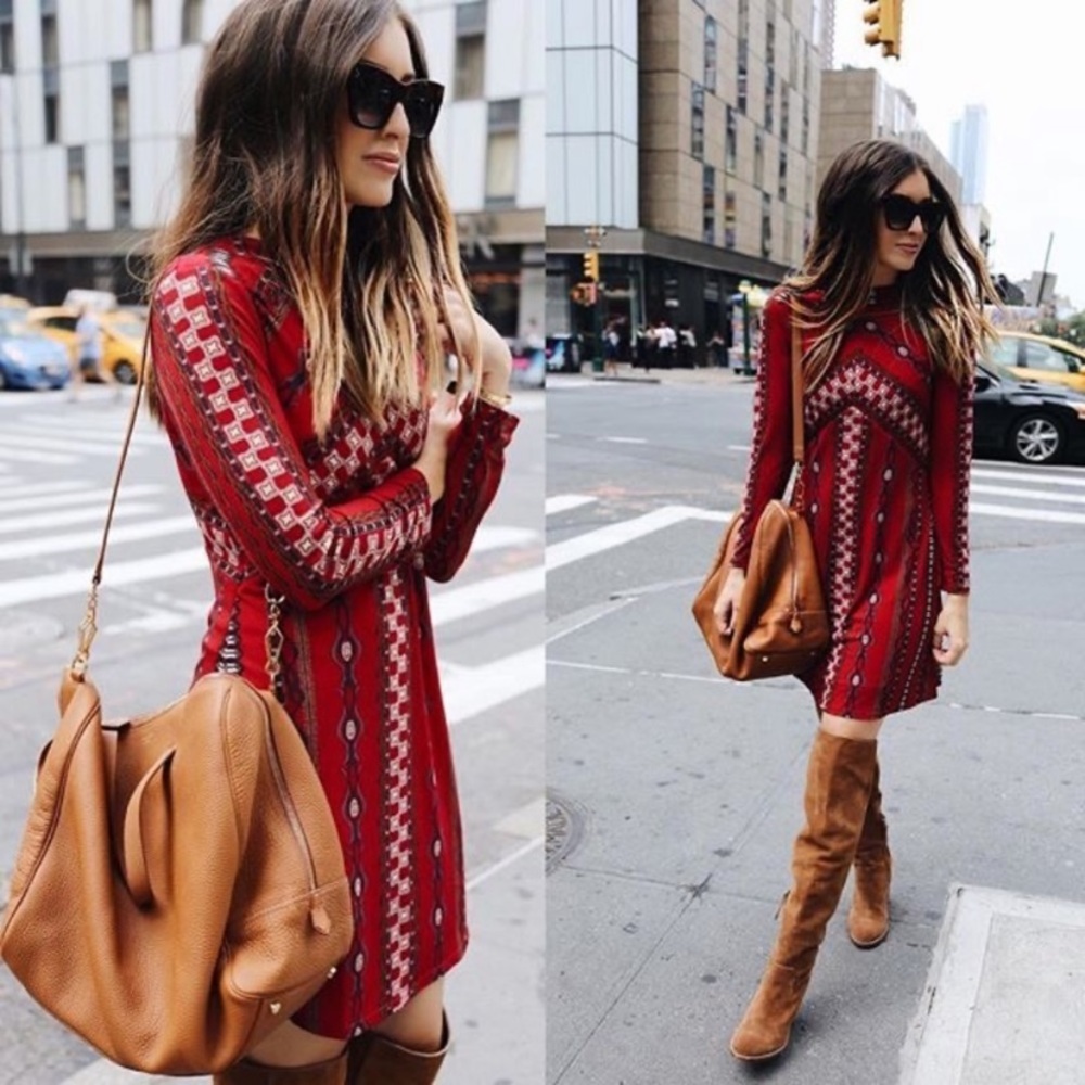 Free people Stella long sleeve BoHo dress red